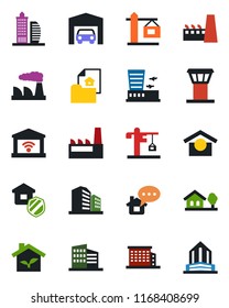 Color and black flat icon set - airport tower vector, building, factory, warehouse storage, house with tree, garage, estate document, office, crane, insurance, eco, gate control, home message