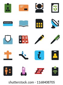 Color and black flat icon set - elevator vector, escalator, identity card, book, pen, document reload, signpost, office phone, satellite antenna, mail, sim, face id, paper binder, tray, reserved