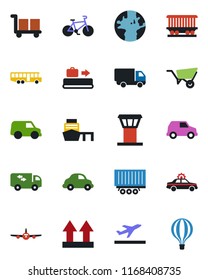 Color and black flat icon set - airport tower vector, departure, baggage conveyor, bus, alarm car, plane, wheelbarrow, bike, earth, railroad, truck trailer, delivery, sea port, cargo, up side sign