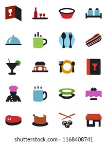 Color and black flat icon set - hot cup vector, spoon and fork, coffee, cook, dish, alcohol, restaurant table, cafe, wine card, cocktail, plates, bacon, salt pepper, building, chicken, steak, bowl