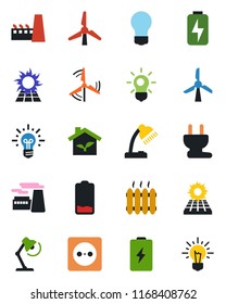 Color and black flat icon set - bulb vector, factory, low battery, charge, desk lamp, sun panel, windmill, heater, eco house, socket, power plug, idea