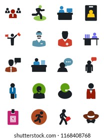 Color and black flat icon set - dispatcher vector, speaking man, team, manager place, run, doctor, support, speaker, identity card, desk, waiter, dress code
