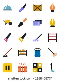 Color and black flat icon set - trowel vector, rake, wheelbarrow, saw, hoe, garden knife, cargo container, oil barrel, rack, pause button, application, ink pen, heater, dish, ladle