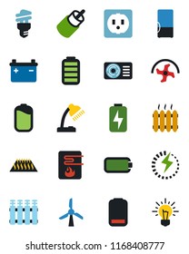 Color and black flat icon set - ripper vector, battery, low, rca, charge, desk lamp, heater, air conditioner, fridge, socket, water, radiator, warm floor, energy saving bulb, windmill, idea