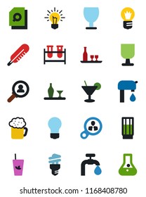 Color and black flat icon set - bulb vector, blood test vial, thermometer, fragile, document search, water supply, alcohol, drink, cocktail, phyto bar, beer, energy saving, consumer, idea, flask