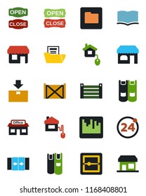 Color and black flat icon set - 24 around vector, automatic door, shop, book, store, container, package, scanner, folder, document, open close, home control, storefront