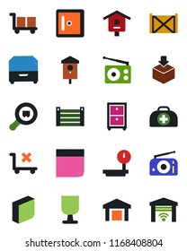 Color and black flat icon set - checkroom vector, bird house, doctor case, container, fragile, cargo, no trolley, warehouse, package, heavy scales, search, radio, blank box, archive