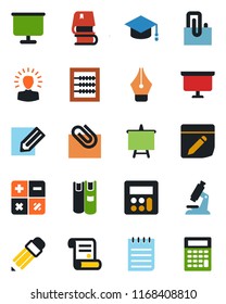 Color and black flat icon set - calculator vector, graduate, notepad, presentation board, pencil, contract, microscope, notes, paper clip, abacus, ink pen, book, shining head