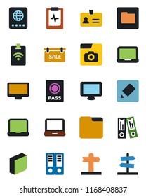 Color and black flat icon set - passport vector, identity, office binder, notebook pc, pulse clipboard, signpost, monitor, laptop, folder, notes, photo gallery, blank box, sale, pass card, guidepost