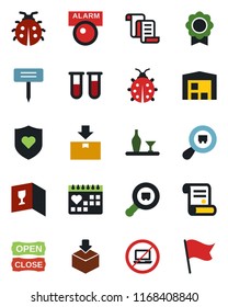 Color and black flat icon set - no laptop vector, contract, lady bug, plant label, blood test vial, heart shield, medical calendar, package, search cargo, sertificate, warehouse, alcohol, wine card