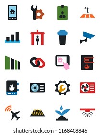 Color and black flat icon set - plane radar vector, security gate, identity card, sorting, chain, root setup, air conditioner, irrigation, water heater, home control app, filter, warm floor