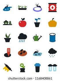 Color and black flat icon set - seedling vector, watering can, rain, plant label, pumpkin, seeds, pond, oil barrel, house with tree, flower in pot, rolling pin, apple fruit, water filter