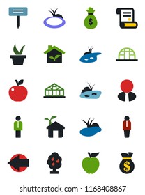 Color and black flat icon set - left arrow vector, manager, contract, seedling, plant label, greenhouse, pond, fruit tree, estate agent, apple, eco house, money bag