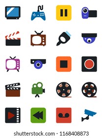 Color and black flat icon set - clapboard vector, reel, tv, gamepad, video camera, pause button, stop, rewind, hdmi, record, web, surveillance