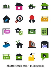 Color and black flat icon set - office building vector, house, pond, contract, with garage, tree, estate document, sale, rent, sold signboard, search, agent, smart home, insurance, eco, message
