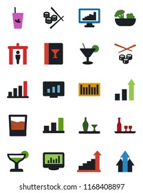 Color and black flat icon set - security gate vector, growth statistic, monitor, barcode, statistics, bar graph, alcohol, wine card, drink, cocktail, phyto, salad, sushi, arrow up