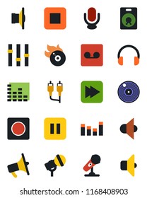 Color and black flat icon set - vinyl vector, flame disk, microphone, speaker, loudspeaker, settings, equalizer, headphones, pause button, stop, fast forward, rca, record, sound