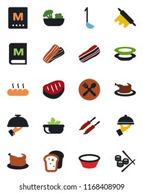 Color and black flat icon set - cafe vector, menu, salad, plates, bacon, waiter, bread, chicken, steak, kebab, ladle, bowl, rolling pin, sushi