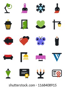 Color and black flat icon set - left arrow vector, pennant, butterfly, garden light, heart, themes, desk lamp, cushioned furniture, restaurant table, candle, snowflake, outdoor, door, pennon