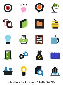 Color and black flat icon set - gear vector, contract, case, abacus, money bag, brainstorm, manager place, bulb, stamp, printer, folder, coffee, document search, blank box, desk lamp, target, copier