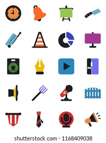 Color and black flat icon set - suitcase vector, border cone, pennant, presentation board, circle chart, farm fork, clock, microphone, speaker, play button, bell, ink pen, tie, fence, fridge, knife