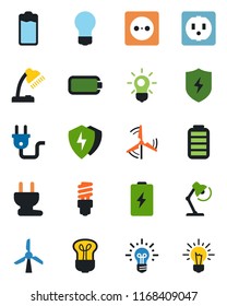 Color and black flat icon set - bulb vector, battery, protect, desk lamp, windmill, socket, power plug, energy saving, idea
