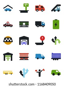 Color and black flat icon set - dispatcher vector, taxi, airport bus, alarm car, ladder, ambulance, route, railroad, truck trailer, delivery, heavy scales, garage, gate control, battery
