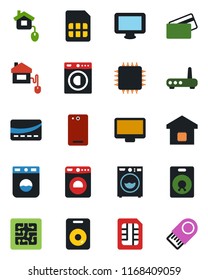 Color and black flat icon set - washer vector, monitor, speaker, phone back, sim, smart home, credit card, control, chip, router, usb flash