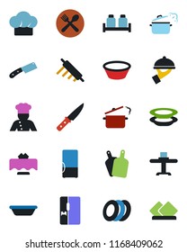 Color and black flat icon set - fridge vector, cook, restaurant table, cafe, hat, plates, waiter, salt and pepper, bowl, rolling pin, cutting board, knife, steaming pan, serviette