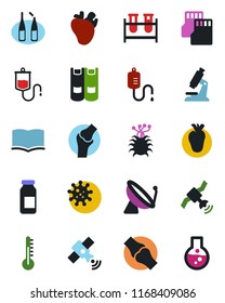 Color and black flat icon set - satellite antenna vector, book, blood test vial, dropper, microscope, ampoule, real heart, joint, virus, sd, thermometer, flask