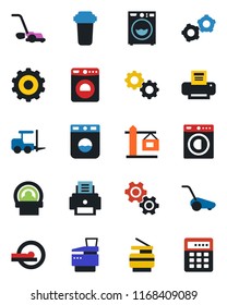 Color and black flat icon set - washer vector, fork loader, gear, lawn mower, tomography, printer, copier, crane, water filter, combination lock