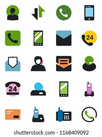 Color and black flat icon set - phone vector, office, 24 hours, support, cell, radio, mail, mobile, call, data exchange