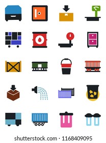 Color and black flat icon set - trash bin vector, checkroom, bucket, watering, railroad, truck trailer, cargo container, consolidated, package, oil barrel, heavy scales, archive box, water filter