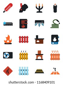 Color and black flat icon set - fire vector, hose, fireplace, thermometer, heater, air conditioner, candle, water, smoke detector, radiator, warm floor