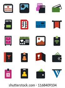 Color and black flat icon set - credit card vector, medical calendar, gallery, sd, sim, identity, archive box, wine, pass, wallet, pennon