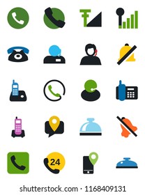 Color and black flat icon set - phone vector, reception bell, office, 24 hours, support, mobile tracking, radio, call, mute, cellular signal