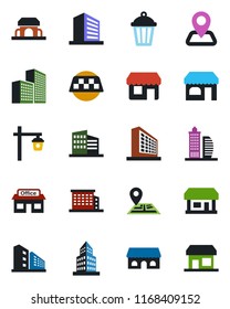 Color and black flat icon set - taxi vector, shop, office building, garden light, navigation, store, cafe, storefront