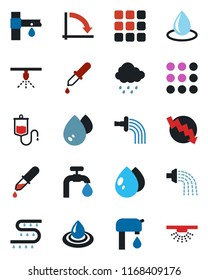 Color and black flat icon set - crisis graph vector, watering, water drop, rain, drip irrigation, dropper, menu, supply, sprinkler