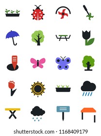 Color and black flat icon set - umbrella vector, sun, ripper, tree, butterfly, lady bug, seedling, rain, plant label, picnic table, tulip