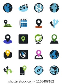 Color and black flat icon set - globe vector, seat map, route, navigation, earth, pin, mobile tracking, network, place tag, compass