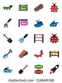 Color and black flat icon set - job vector, garden fork, shovel, lady bug, caterpillar, pond, rack, rent, bacon, open close, rocket