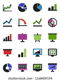 Color and black flat icon set - growth statistic vector, presentation board, crisis graph, circle chart, monitor pulse, statistics, bar, pie, point