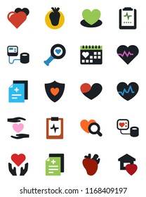 Color and black flat icon set - heart vector, pulse, diagnosis, blood pressure, diagnostic, shield, hand, real, medical calendar, clipboard, sweet home