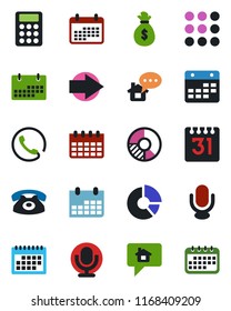 Color and black flat icon set - right arrow vector, calendar, circle chart, microphone, menu, calculator, phone, home message, money bag