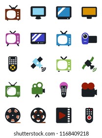 Color and black flat icon set - tv vector, reel, satellite, video camera, remote control, monitor
