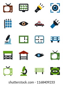 Color and black flat icon set - tv vector, alarm car, seat map, bench, monitor pulse, microscope, eye, torch, plan, alcove, scan