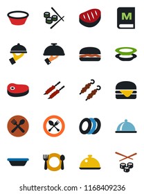 Color and black flat icon set - spoon and fork vector, dish, cafe, menu, plates, waiter, steak, kebab, hamburger, bowl, sushi