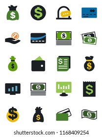 Color and black flat icon set - credit card vector, ticket office, dollar sign, money bag, statistic monitor, cash, receipt, wallet, investment