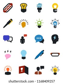 Color and black flat icon set - speaking man vector, pen, brainstorm, bulb, dialog, wine card, hot dog, energy saving, shining head, idea