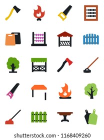 Color and black flat icon set - tree vector, saw, fire, hoe, axe, abacus, fence, table, alcove, cutting board